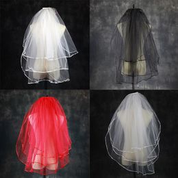 Bridal Veils White Ivory Red Black Veil Wedding With Comb Ribbon Edge Vail Three-Layer Velo Sposa Velos De Novia 2023