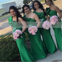 Green Ruffles One Shoulder Bridesmaid Dresses With Appliques Mermaid Long Vestidos Dama De Honour Formal Wedding Party Dress