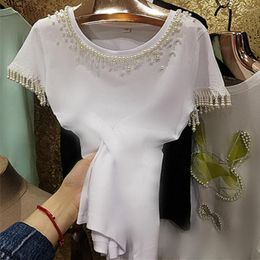 Women's T Shirts 7XL!Heavy Industry Summer Beaded Pearl Tassel T-shirt Women Short Sleeve Cotton Top Tees