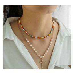 Pendant Necklaces Fashion Jewellery Double Layer Chain Faux Pearls Colorf Beads Necklace Cross Drop Delivery Pendants Dhj6B