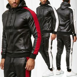 Mens Tracksuits ZOGAA Mens PU Leather Hoodies Set 2 Piece Casual Sweatsuit Hooded Jacket and Pants Jogging Suit Tracksuits 230114