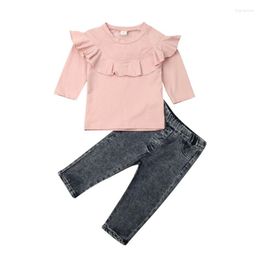 Clothing Sets Toddler Baby Girls Autumn Outfits Long Sleeve Ruffle Solid Colour Cotton Tops Denim Pants Jeans Casual Clothes Set 2Pcs