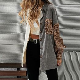 Women's Blouses Women Grey Colour Block Leopard Patched Corduroy Shacket