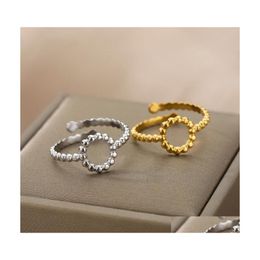 Cluster Rings Vintage Round Hollow Open For Women Stainless Steel Gold Beads Adjustable Finger Couple Ring Aesthetic Jewelry Drop Del Dhz6R