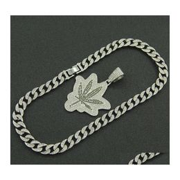 Pendant Necklaces Hip Hop Iced Out Cuban Chains Diamond Leaf Foliage Mens Gold Chain Charm Jewelry For Men Choker Gift Drop Delivery Otram