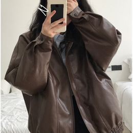 Womens Trench Coats Autumn PU Leather Jacket Womens Spring Vintage Brown Motorcycle Coat Female Korean Loose Street Outwear 230114