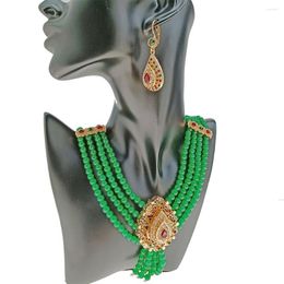 Necklace Earrings Set Algerian Bridal Wedding Jewelry Green Color Pearl Gold Plated Pendant Bracelet Gift