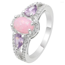 Wedding Rings Silver Colour Oval White Pink Purple Fire Opal Ring Engagement Promise Jewellery Anniversary Valentine' Day