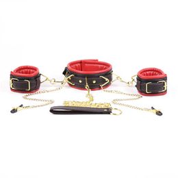 Beauty Items Leather Sponge Metal Gold Chain sexy Handcuffs Bondage Collar Nipple Clamp Bdsm Set Toys for Adults Erotic Womens