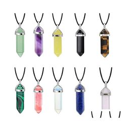 Pendant Necklaces Natural Stone Hexagonal Column Quartz Point Necklace Black Rope Chain Yummyshop Drop Delivery Jewellery Pendants Dhhzt