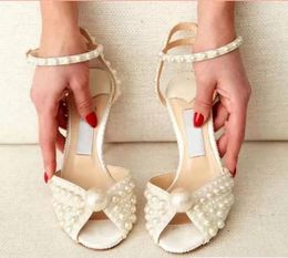 Wedding Shoes Women's bride high heeled sandal SACORA 100mm White Satin Sandals crystal-studded pumps buckle female sandalies white-pearl hollow fish mouth box