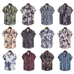 Men's Casual Shirts Men Summer Cotton Linen Short Sleeve Floral Loose Tops Hawaii Holiday Beach Hawaiian Shirt Man Blouse Streetwear