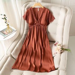 Women's Sleepwear Satin Women Nightgown Short Sleeve Nightwear Lace V-Neck Sweety Nightdress Kimono Wedding Loungewear Sexy Home Dressing