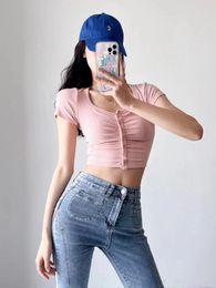 Women's T Shirts UNUTH Casual Girls Pink Skinny Tees 2023 Summer Fashion Women Female Breasted Short Sleeves Vintage Folds Chic Tops