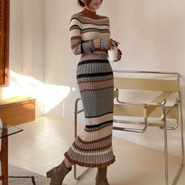 Casual Dresses Sweater Dress 2023 Autumn Winter Gentle Wind Colour Matching Striped Waist Long Knitted Fashion Women'S Clothing 6357