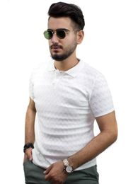 Men's T Shirts Kulemoda White Colour Polo Collar Unisex Knit T-shirt With Zigzag Pattern Two Button Closures