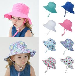 Hats Summer Baby Bucket Hat With Rope Children Outdoor Anti UV Protection Beach Sun Flower Solid Kids Boys Girls Fisherman Cap