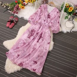 Casual Dresses 2023 Seaside Vacation Dress Ladies Fashion Elegant Chiffon Print Slim A-line Big Pendulum Summer Clothes For Women Korean