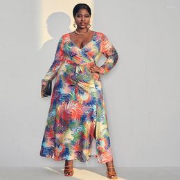 Plus Size Dresses 2023 Tie Dyed Large Hem Printed Long Sleeve Slit Belt Dress For Party Wear Style Multicolor Women's