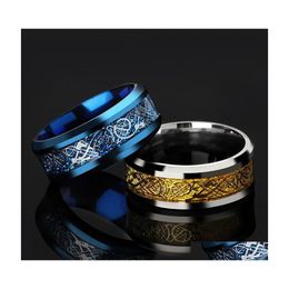 Cluster Rings 2021 Man Ring Gold Blue Carbon Fibre Dragon Inlay Comfort Fit Stainless Steel For Men Wedding Band Wholesale Drop Deli Dhfiw