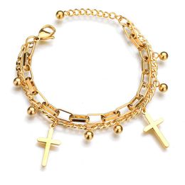 Link Bracelets Chain Cross Bracelet For Men Women Gold Silver Heart Coin Variety Trend Titanium Steel Double Layer Charm GF