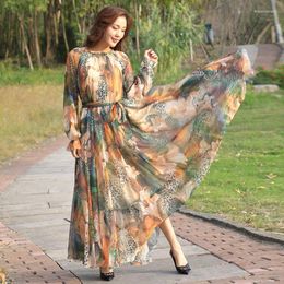 Casual Dresses Long Sleeve Dress Leopard Print Beach Vintage Maxi Boho O Neck Belt Lace Up Tunic Draped Plus Size Holiday