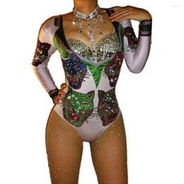 Stage Wear Tiger Pattern Printing Rhinestones Backless Bodysuit Embellished Diamonds Necklace Personality Performance Costume Ladies