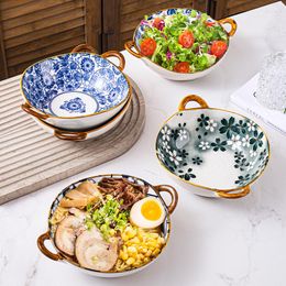 Bowls Japanese Blue And White Retro Ceramic Large Bowl Double Ear Soup Ramen Fruit Salad Tableware Dinner Plate