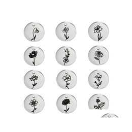 Charms 5Pcs/Lot Stainless Steel Round 12 Months Flower Mirror Polish Pendant Necklace Diy Jewelry Charm Accessoriescharms Drop Deliv Otwav