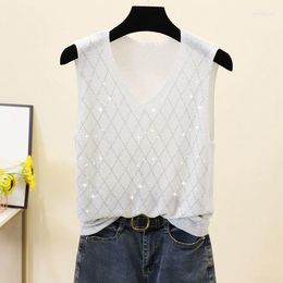 Women's Tanks 2023 Rhinestone Summer Ice Silk Knit Tank Women Sleeveless Lattice Vest Top Women's Loose Camisole Tops White