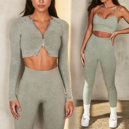 Active Sets Women Seamless Acid Wash Two Way Zip Long Sleeve Crop Top Sports Bra Gym BuLifting Leggings 2PCS Fitness Sportswear Yoga Set