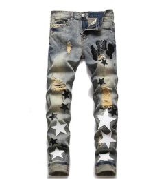 Jeans maschile europeo jean hombre lettera stella uomini ricami patchwork strappato per il marchio di tendenza moto pantaloni da uomo abbigliamento skinny