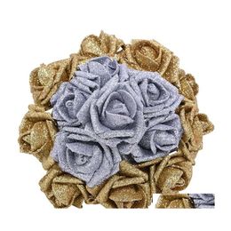 Decorative Flowers Wreaths 5/10Pcs Glitter Gold/Sier Foam Rose Wedding Bouquet Decoration Fleurs Wreath Diy Home Decor Fake Flower Dhn9P