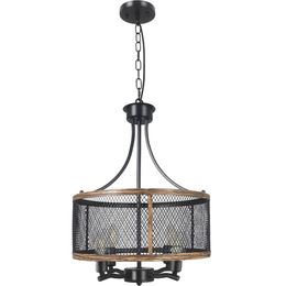 Farmhouse Chandelier for Dining Room with Drum Kitchen Island Lighting Black Foyer Light Fixtures with Wood Grain 15 inch Dia 4 Light