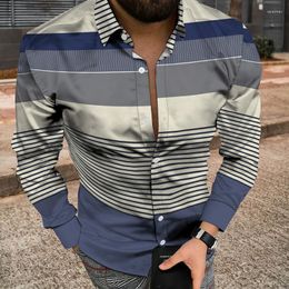 Men's Casual Shirts 2023 Autumn Spring Fashion Striped Printed Buttoned Mens Turn-down Collar Long Sleeve Cardigan Tops Men Streetwear