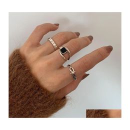 Cluster Rings Meyrroyu Sterling Sier Geometry Female Black Square Cross Hollow Chain Hand Jewelry Trendy Fine Party Gifts Couple Dro Dhmsk