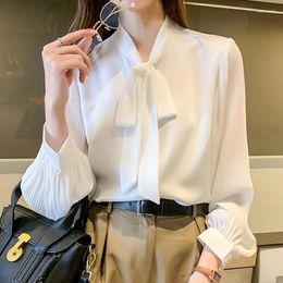 Women's Blouses White Bow Chiffon Shirt For Women Business Lady Korean Style Long Sleeved Casual