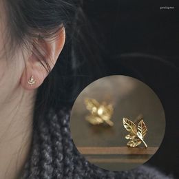 Stud Earrings S925 Sterling Silver Gold-plated One Small Gold Leaf Temperament Mini Maple