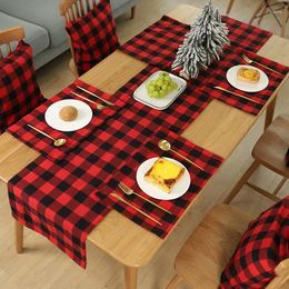 Table Mats 2pcs Christmas Red Vintage Plaid Mat Cloth Tableware Pad Black Cup Placemat Mug Drink Doilies For Xmas Home Year Decor