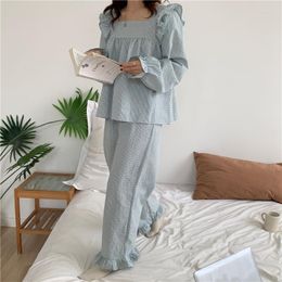 Women's Sleepwear Pajama Set Plaid Homewear Two Piece Women Long Sleeve Tops Pants Pyjama Loose Korean Ladies Home Suit Ruffles L617