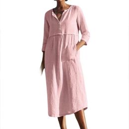 Casual Dresses For Women 2023 Solid Color Half Sleeve Pockets Buttons Cotton Linen Loose Lady Midi Dress Plus Size