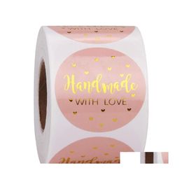 Adhesive Stickers 500Pcs Handmade With Love Kraft Paper 25Mm Pink Round Labels Baking Wedding Party Decoration Sticker Drop Delivery Dhbph