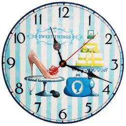 Wall Clocks 34cm Quartz Silent Retro Wooden Clock Sweet Things Large Vintage Rustic Shabby Colourful Non -Ticking Quiet Kitchen Bedroom