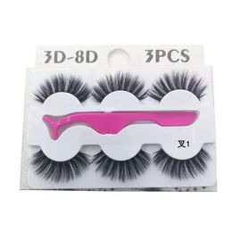 False Eyelashes 3D Natural And Realistic Thick Long Three-dimensional Multi-layer 3 Pairs With Tweezers