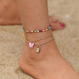 Bangle Colourful Butterfly Golden Lock Pendant Multilayer Anklets For Women Bohemian Acrylic Chain On The Leg Girls Jewellery Gift