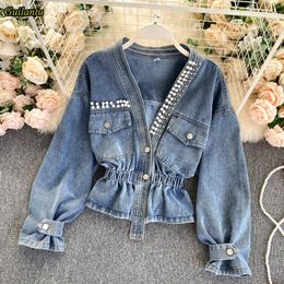 Women's Jackets Guilantu Women Spring Autumn Denim Jacket Outerwear V Neck Beading Casual Vintage Jeans Coat Female Harajuku Short CoatsWome