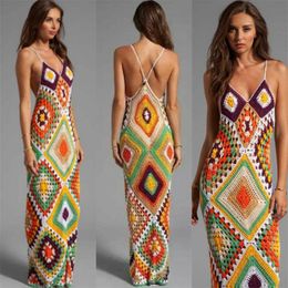 Women's Swimwear 2023 Handmade Crochet Beach Long Dress Women Colourful Sexy Backless Swimsuit Cover Up Female Bikini Cover-Up