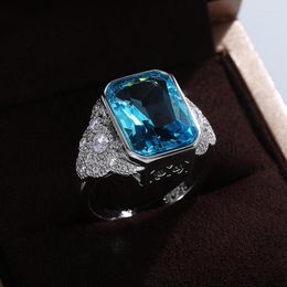 Wedding Rings Luxury Trendy Silver Plated Square Crystal For Women Shine Sea Blue CZ Stone Inlay Fashion Jewellery Party Gift