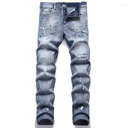 Men's Jeans Men's Ripped Hole Paint Spatter Denim Pants Middle Waisted Small Foot Pencil Trousers Fashion Stretch