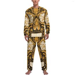 Men's Sleepwear Bronze Steampunk Pyjamas Man Sugar Skull Print Elegant Home Suit Winter Long Sleeve 2 Pieces Bedroom Printed Set